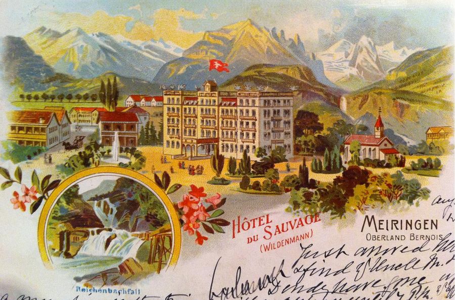 Farbige Postkarte des Hotel du Sauvage mit englischer Kirche und Reichenbachfällen